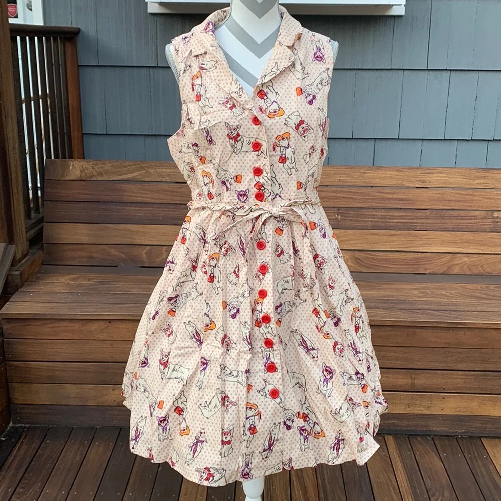 Modcloth Cream Polka Dot Community Brunch Bespeckled Corgi Dress XL - Picture 1 of 7